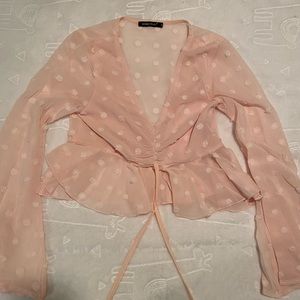 Pink 100% polyester long sleeve blouse